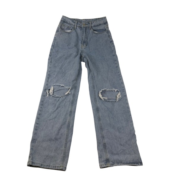 SHEIN Denim - SHEIN Light Wash Distressed High Waisted Wide Leg Jeans Size 26 Blue Denim 1541